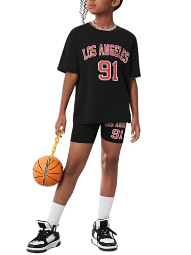 Girl's Letter Print Drop Shoulder Tee Tops & Biker Shorts 2 Piece Causal Summer Workout Outfits Set