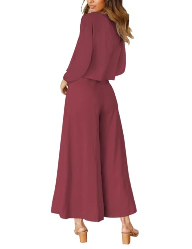 Women's Summer 2 Piece Outfits Round Neck Crop Basic Top Cropped Wide Leg Pants Set Jumpsuits