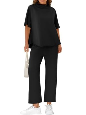 Women's Oversized Lounge Set 3/4 Batwing Sleeve Crew Neck Pullover Top Wide Leg Pants Two Piece Outfits