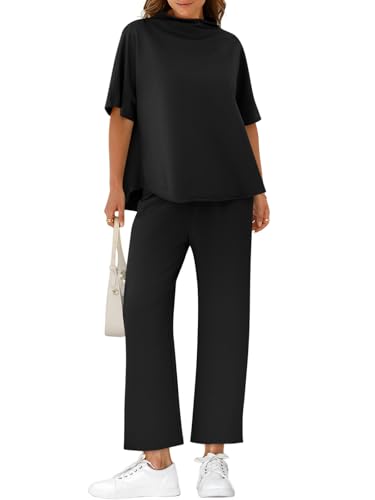 Women's Oversized Lounge Set 3/4 Batwing Sleeve Crew Neck Pullover Top Wide Leg Pants Two Piece Outfits