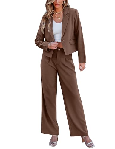 Suits for Women 2 Piece Sets Business Casual Outfits Dressy Cropped Blazer Wide Leg Pants Suit Office Work