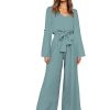 Womens 2 Piece Outfit Set V Neck Long Sleeves Tops High Waisted Paper Bag Pants with Belt