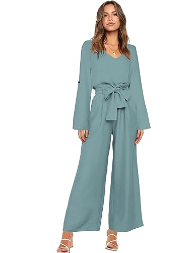 Womens 2 Piece Outfit Set V Neck Long Sleeves Tops High Waisted Paper Bag Pants with Belt