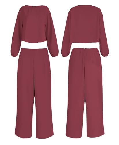 Women's Summer 2 Piece Outfits Round Neck Crop Basic Top Cropped Wide Leg Pants Set Jumpsuits