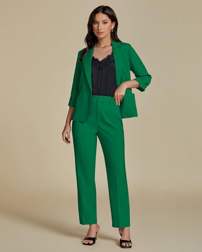 Pant Suits for Women Dressy 2 Piece Business Casual Outfits 3/4 Sleeve Blazer Straight Leg Pant Sets Office Work