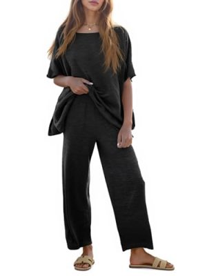 Women's 2 Piece Travel Outfits Casual Short Sleeve Knit Sweater Set Wide Leg Pants Lounge Sets Tracksuit