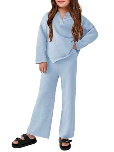 Girls 2 Piece Outfit Set Long Sleeve Button Knit Pullover Sweater Top and Wide Leg Pants Sweatsuit 5-14 Years