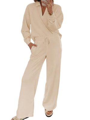 Two Piece Sets for Women Lounge Sets Casual V Neck Sweatshirt and Wide Leg Sweatpants Matching Sets Women Clothing