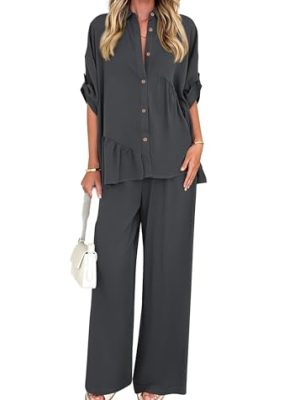 Two Piece Sets for Women Summer Outfits 2025 Dressy Casual Half Sleeve Button Down Shirt Wide Leg Pants Lounge Set