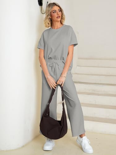 Womens 2 Piece Outfits Lounge Sets Short Sleeve Loose Fit Top and Wide Leg Pants Set Sweatsuits Tracksuit