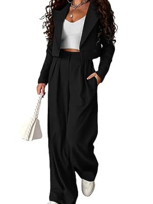 Women's 2 Piece Casual Outfits Cropped Blazer Jackets High Waisted Wide Leg Work Pants Suit Set