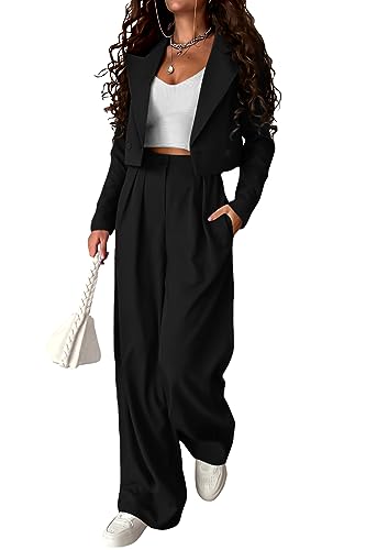 Women's 2 Piece Casual Outfits Cropped Blazer Jackets High Waisted Wide Leg Work Pants Suit Set