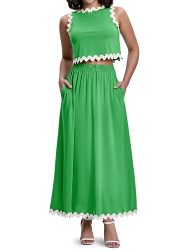 Womens 2 Piece Outfits Dressy Casual Summer Crop Tops Ric Rac Trim High Waisted Maxi Skirt Set with Pocket