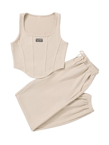 Girl's Letter Patchwork Asymmetrical Hem Crop Tank Tops & Waist Sweatpants 2 Piece Workout Sets