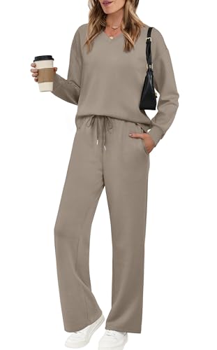 Lounge Sets for Women 2025 V Neck 2 Piece Outfits Airport Wide Leg Pants Matching Set Sweatsuits