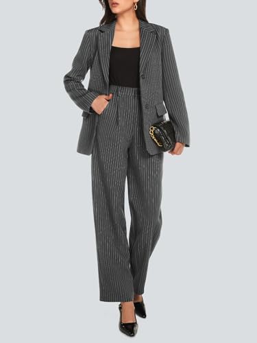 Women's 2 Piece Pant Suit Business Casual Outfits Striped Notched Collar Blazer Wide Leg Pants Sets
