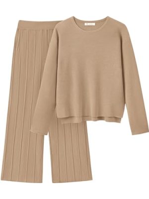 Women's Fall 2 Piece Sweater Set Long Sleeve Knit Pullover Tops High Waist Pleated Wide Leg Pants Lounge Sets