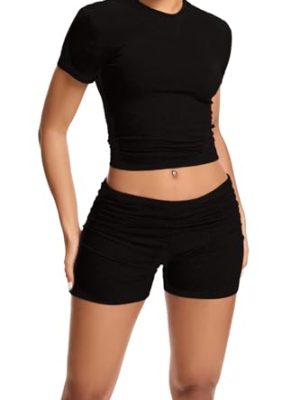 Women Workout 2 Piece sets Short Sleeve Tops Slim Foldover Shorts Matching Gym Outfits Tracksuit