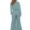 Womens 2 Piece Outfit Set V Neck Long Sleeves Tops High Waisted Paper Bag Pants with Belt