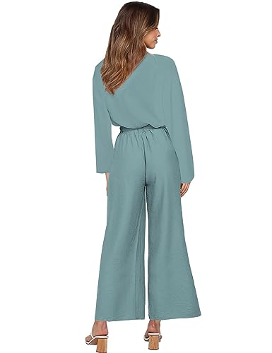 Womens 2 Piece Outfit Set V Neck Long Sleeves Tops High Waisted Paper Bag Pants with Belt