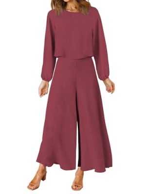 Women's Summer 2 Piece Outfits Round Neck Crop Basic Top Cropped Wide Leg Pants Set Jumpsuits