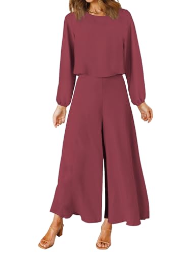 Women's Summer 2 Piece Outfits Round Neck Crop Basic Top Cropped Wide Leg Pants Set Jumpsuits