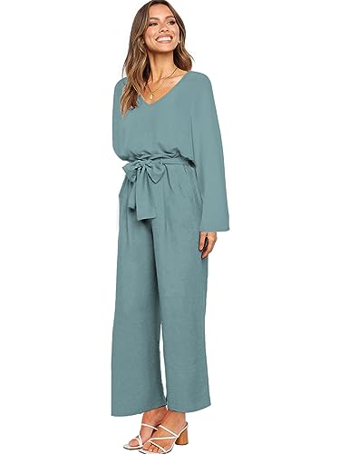 Womens 2 Piece Outfit Set V Neck Long Sleeves Tops High Waisted Paper Bag Pants with Belt
