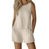 Womens 2 Piece Summer Linen Outfits Short Sets Round Neck Sleeveless Tank Top Elastic High Waisted Shorts with Pockets