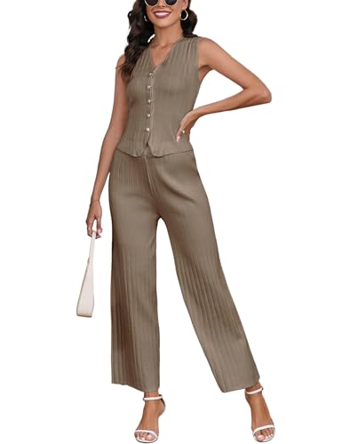 Women Suiting 2 Piece Outfits Knit Set Sleeveless Button Down Vest Wide Leg Pants Lounge Sets