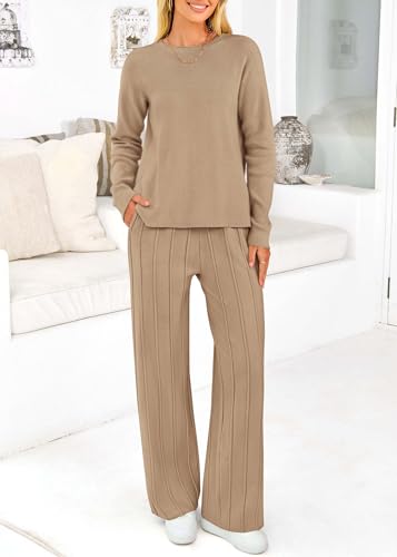Women's Fall 2 Piece Sweater Set Long Sleeve Knit Pullover Tops High Waist Pleated Wide Leg Pants Lounge Sets