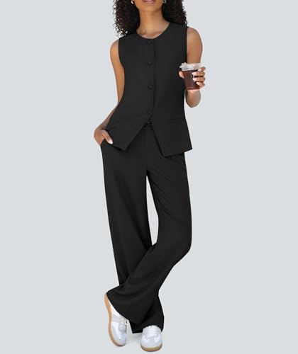 Women's 2 Piece Blazer Outfits Sleeveless Crewneck Vest Wide Leg Pantsuit 2025 Dressy Casual Work Sets