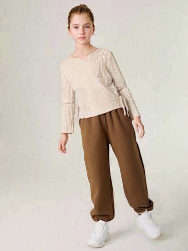 Girls' Clothes Long Sleeve Ribbed Knit Ruched Tops & Camo Jogger Pants Sets Fall Outfits with Pockets Size 6-14Y