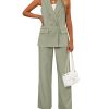Women Suits 2 Piece Sets Button Lapel V Neck Sleeveless Blazer Vest and Wide Leg Pants Suit Matching Outfits