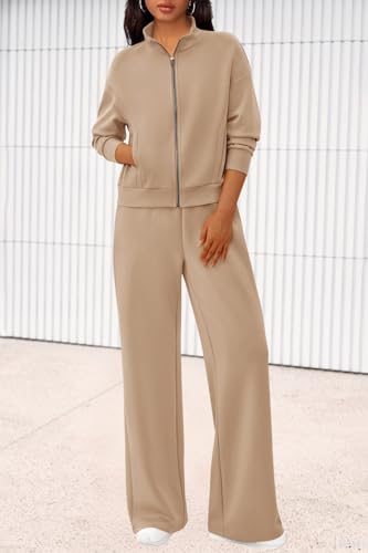 Women's 2 Piece Outfits Fall Sweatsuits Zip Up Sweatshirt Wide Leg Sweatpants Casual Tracksuit Lounge Sets