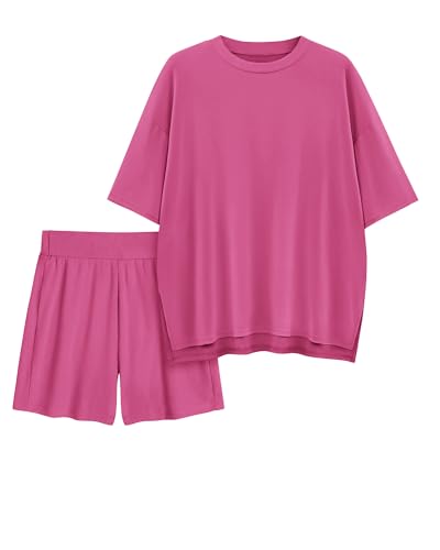 Womens 2 Piece Lounge Sets 2025 Summer Travel Outfits Casual Short Sleeve Oversized Tshirts Tops Biker Shorts