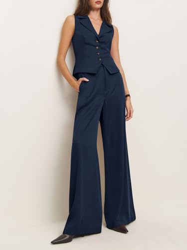 Womens Vest Sets Summer 2 Piece Outfits Button Crop Blazer Vest and Wide Leg Pant Suits