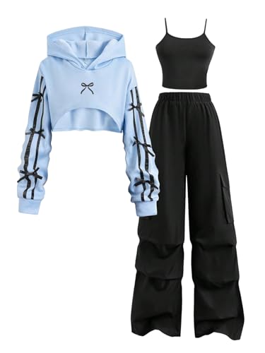 Girl's 3 Piece Workout Sports Outfits Cami Crop Top and Cargo Pants with Bow Knot Hoodie Active Sets