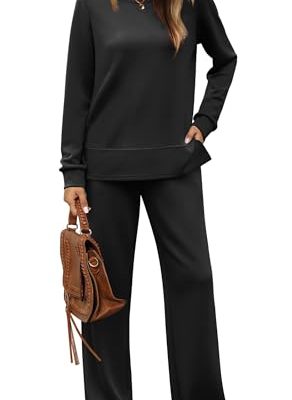Women's 2 Piece Lounge Sets Sweatshirt Casual Travel Outfits Fashion Wide Leg Tracksuit Cozy Sweatsuits