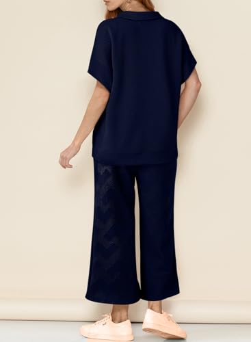 Women's 2 Piece Outfits Sweatsuit Casual Lapel Collar Short Sleeve Tops Drawstring Wide Leg Pant Lounge Sets