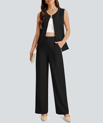 Women's 2 Piece Blazer Outfits Sleeveless Crewneck Vest Wide Leg Pantsuit 2025 Dressy Casual Work Sets
