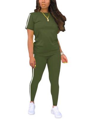 Women's 2 Piece Outfits Sweatsuit Summer Workout Striped Short Sleeve Long Sweatpants Casual Jogging Lounge Set