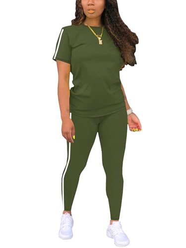 Women's 2 Piece Outfits Sweatsuit Summer Workout Striped Short Sleeve Long Sweatpants Casual Jogging Lounge Set