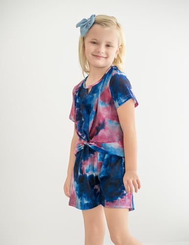 Girls Summer 2 Piece Outfits Tie Dye Short Sets Casual Twist Front Short Sleeve Tops and Pant with Pockets