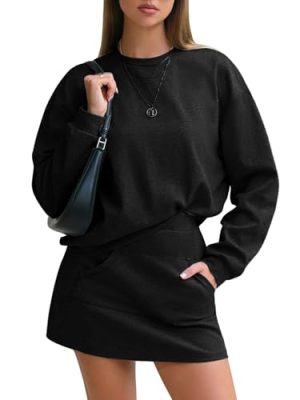 Women 2 Piece Sets Cotton Tracksuits Workout Set Crewneck Sweatshirt Skort Short Skirt Fall Tennis Sweat Suits Pockets