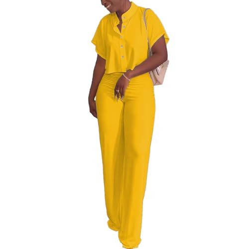 Women's Summer 2 Piece Outfits Casual Tracksuit Short Sleeve Button Down Crop Top Wide Leg Long Pant Lounge Sets
