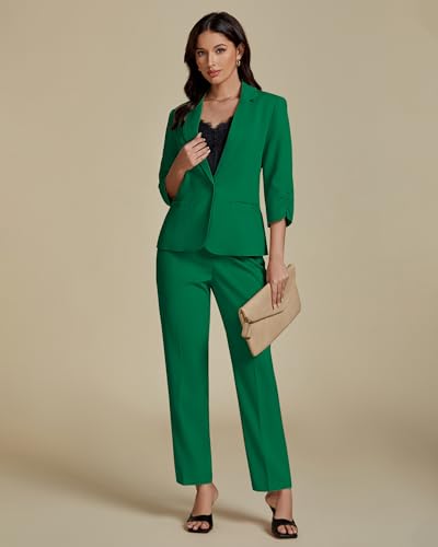 Pant Suits for Women Dressy 2 Piece Business Casual Outfits 3/4 Sleeve Blazer Straight Leg Pant Sets Office Work