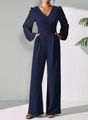 Jumpsuits for Women Dressy Patchwork Chiffon Sleeve V Neck Wide Leg Romper One Piece Trendy Outfits