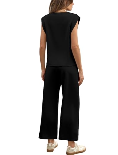 Two Piece Sets for Women Casual Travel Vacation Outfits Summer Wide Leg Crop Pants Lounge Sets