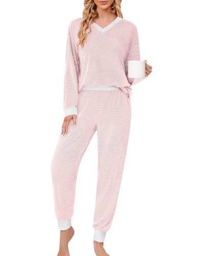 Women's Pajama Sets 2 Piece Striped Lounge Sets Long Sleeve Top and Pants Soft Sleepwear Pjs 2025 Fall Outfits