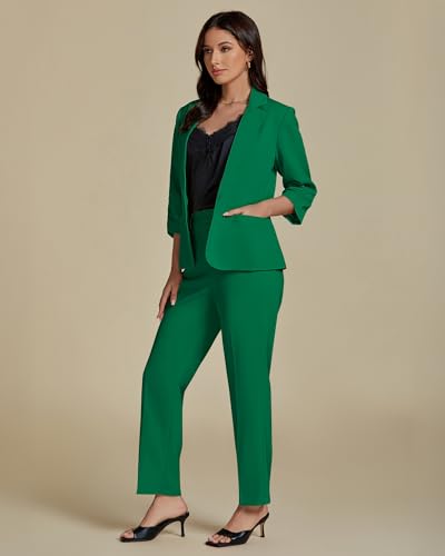 Pant Suits for Women Dressy 2 Piece Business Casual Outfits 3/4 Sleeve Blazer Straight Leg Pant Sets Office Work